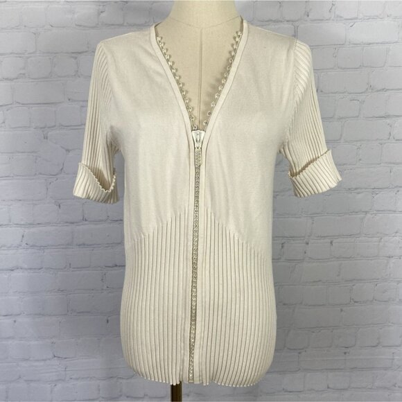 ⭐ 3/$15 Belldini Medium Cream Knit Ribbed Rhinestone Zipper Sweater - Picture 1 of 7